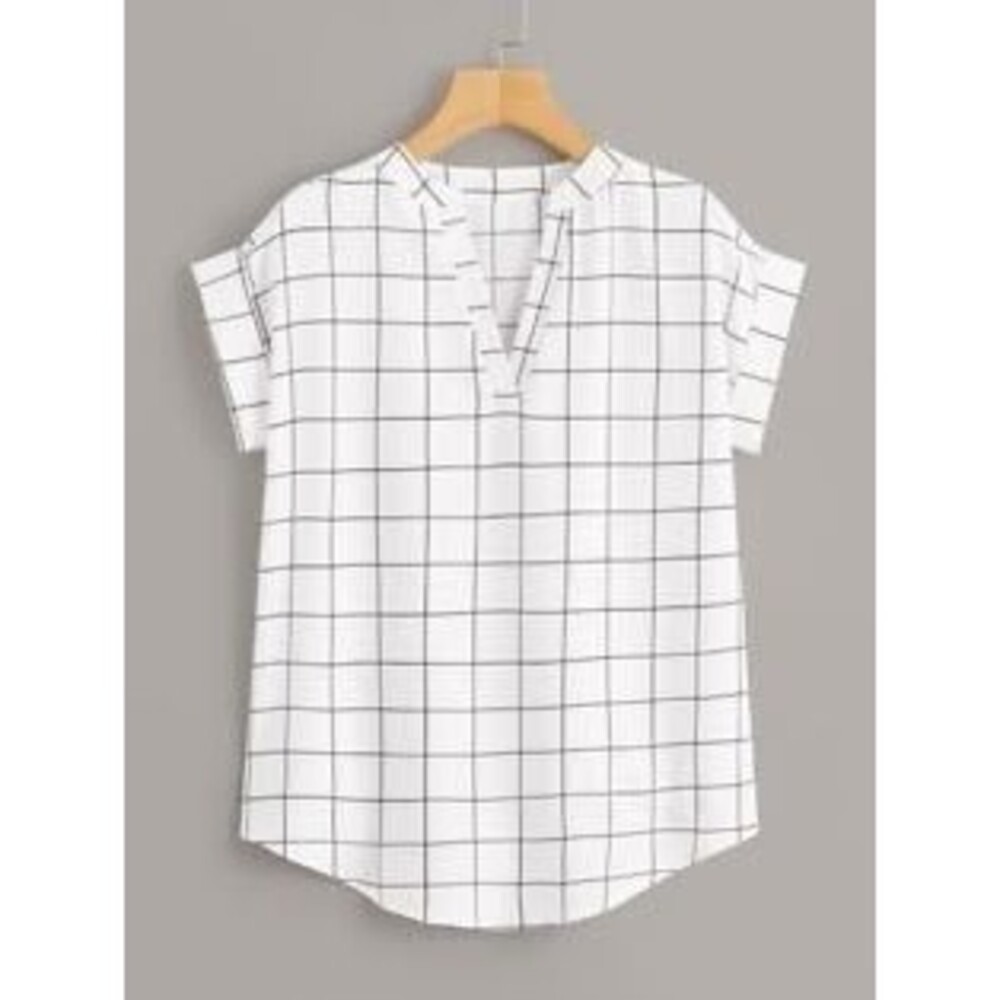 A New Day Women's Linen Blend Window Pane Split V Neck Short Sleeve Blouse XL